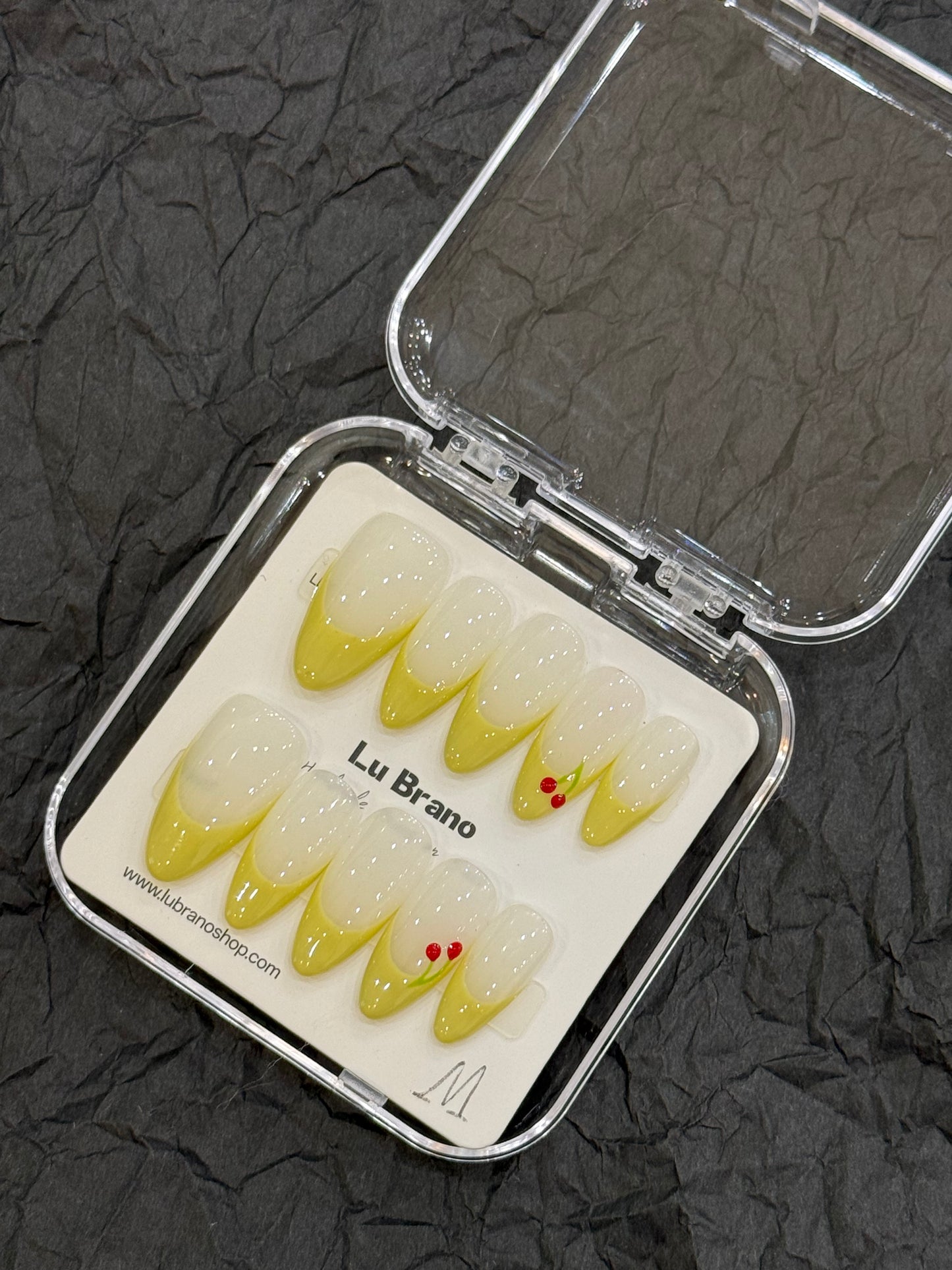 Yellow Cherry French Manicure | Hailey-Inspired Cherry French | Yellow French Tips | Handmade Press-On Nails | Almond Shape