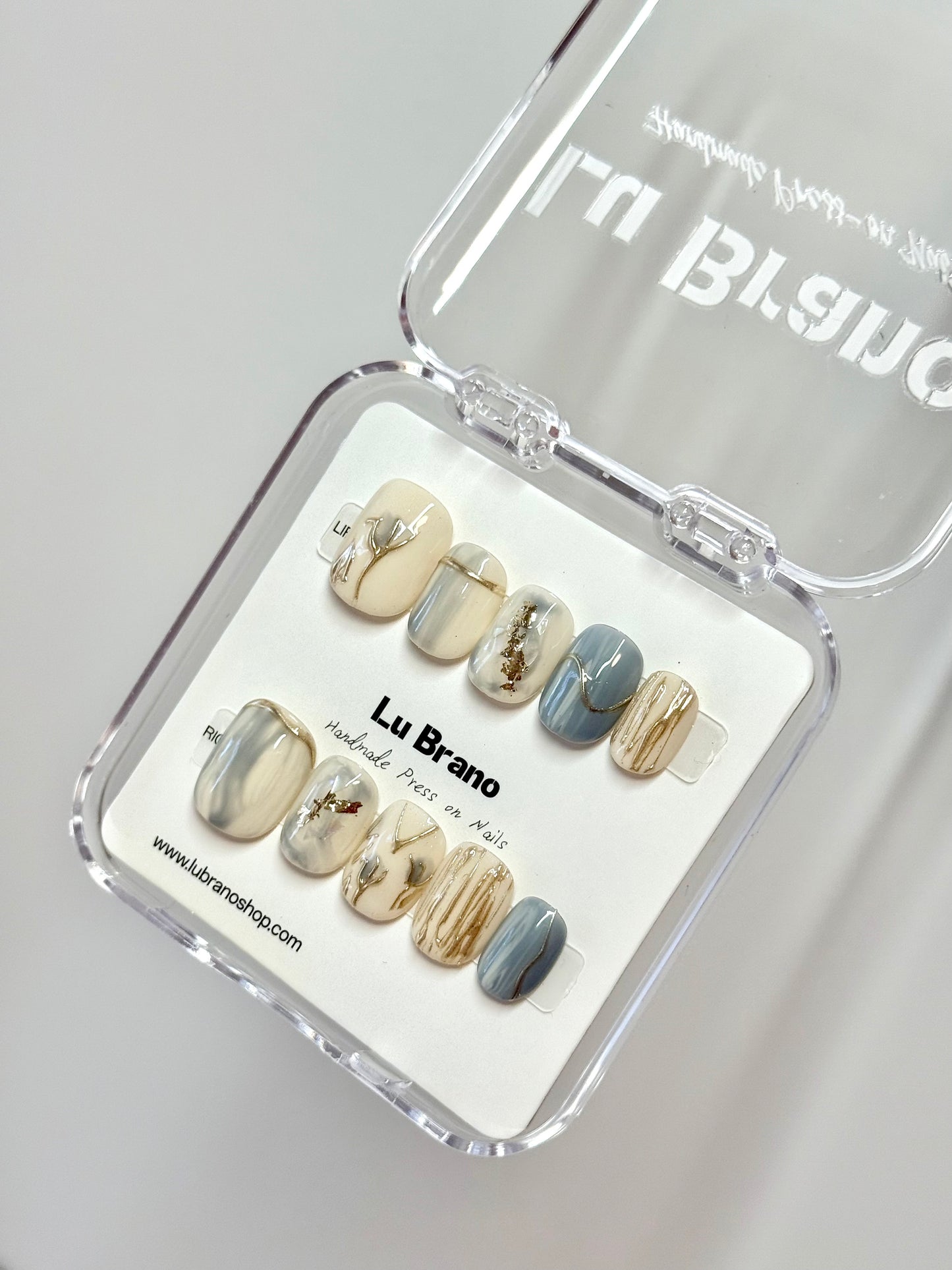 Azure Bloom | Hand-Painted Designs | Short Squoval Shape | Baby Blue Hue | Gentle & Niche Style | Work-Friendly | Versatile & Cute | Autumn/Winter Edition | Metallic Gold Accents | Chinese & Japanese Aesthetics | Premium Press-On Nails | Handmade Craft
