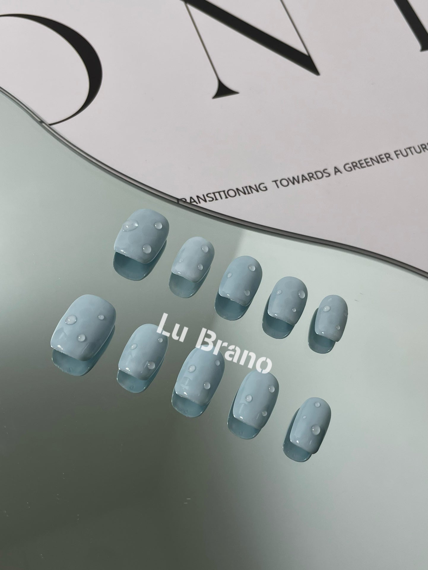 Misty Sea Salt|Baby Blue|3D Water Droplets|Short Press-On Nails
