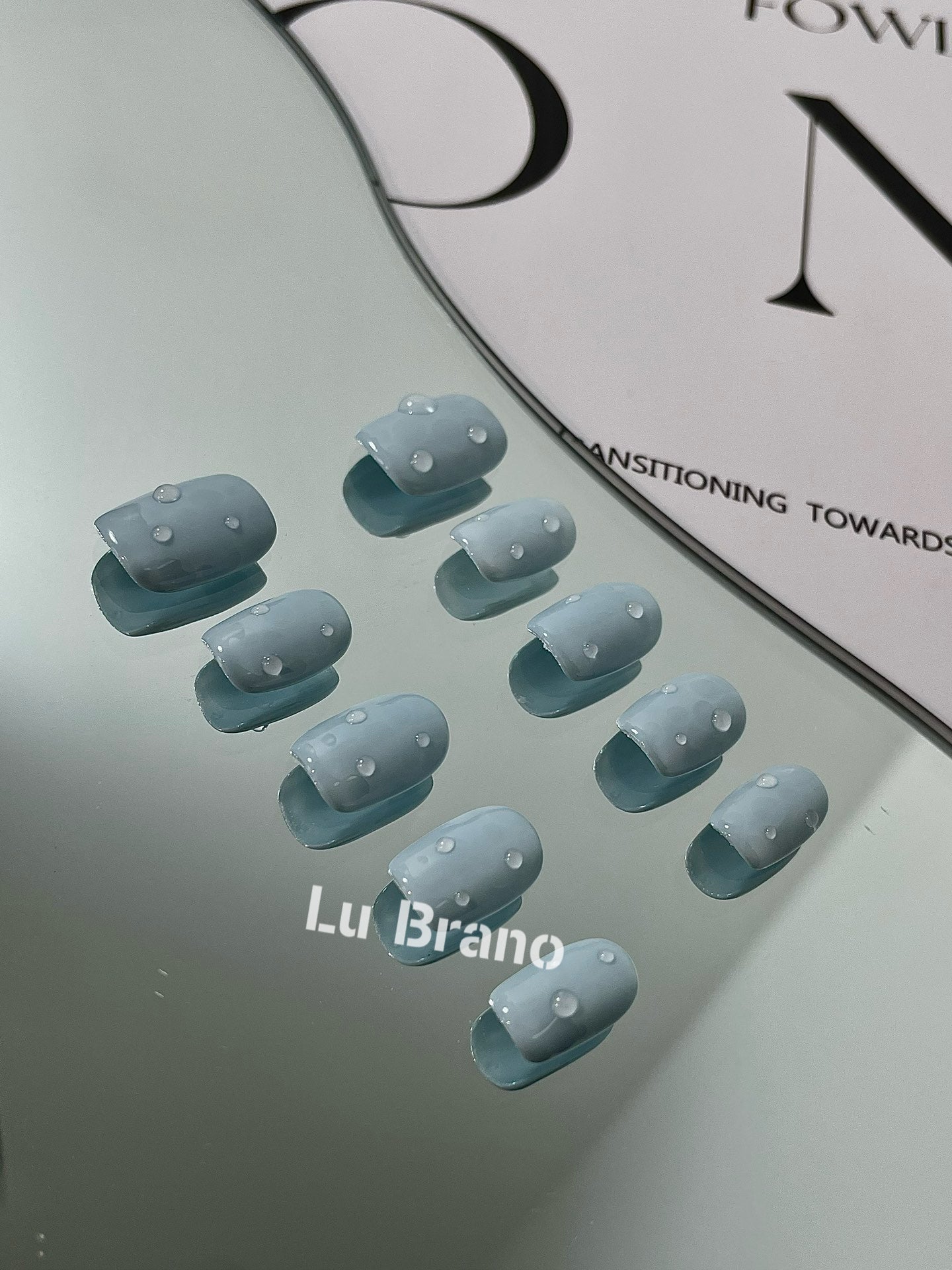 Misty Sea Salt|Baby Blue|3D Water Droplets|Short Press-On Nails