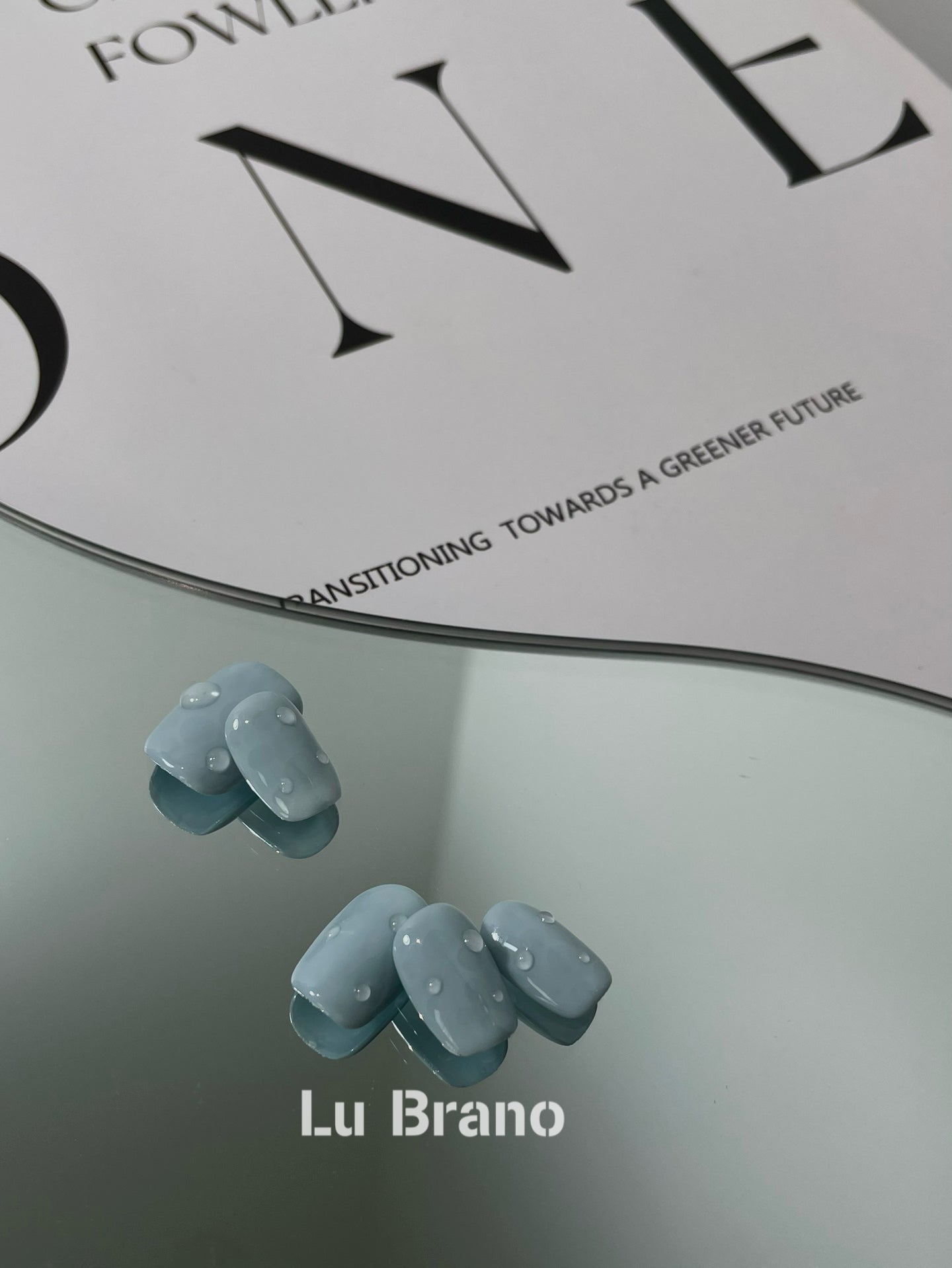 Misty Sea Salt|Baby Blue|3D Water Droplets|Short Press-On Nails