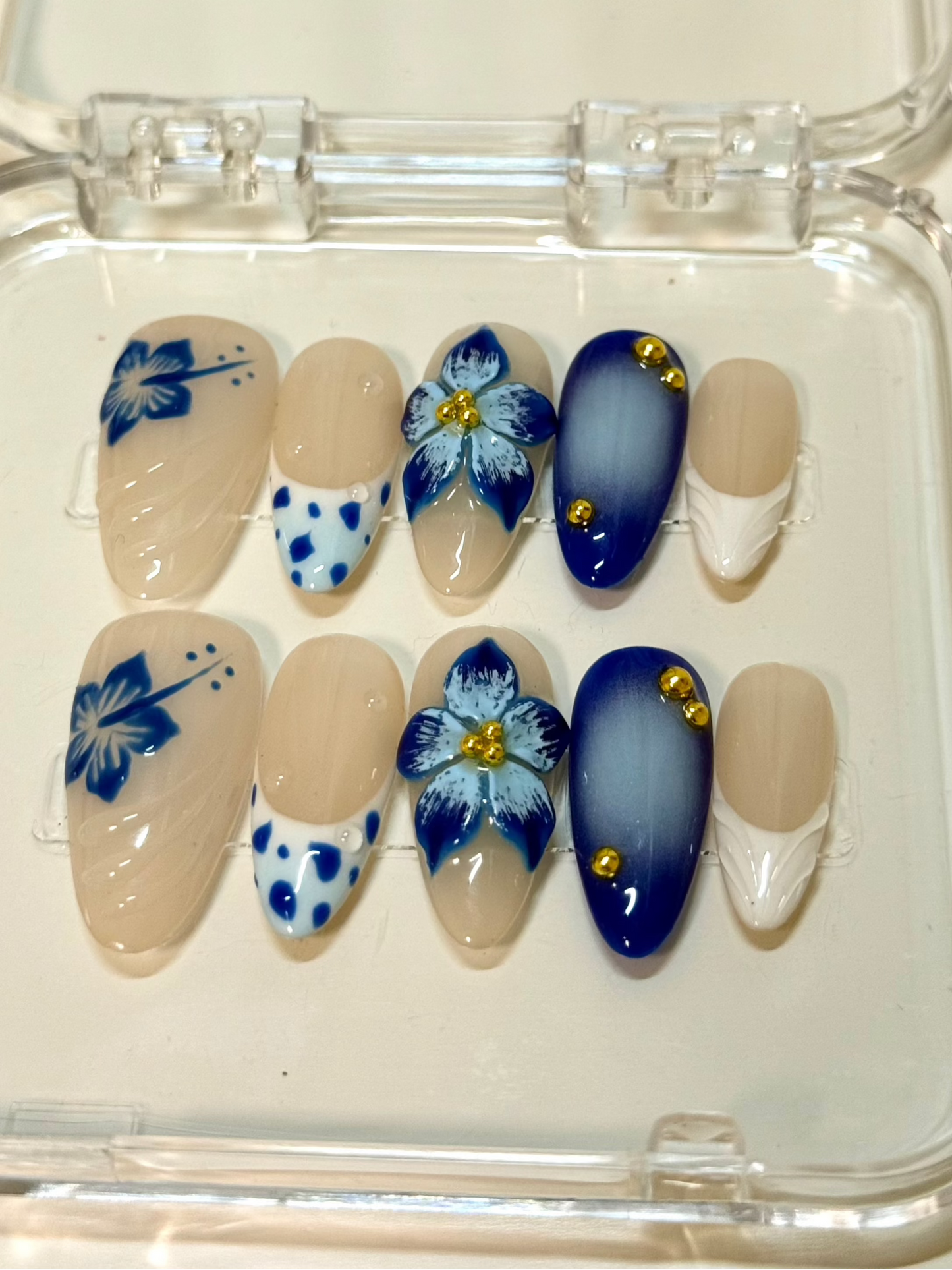3D Blue Floral Nails | Handmade Press-On Nails | Almond Shape
