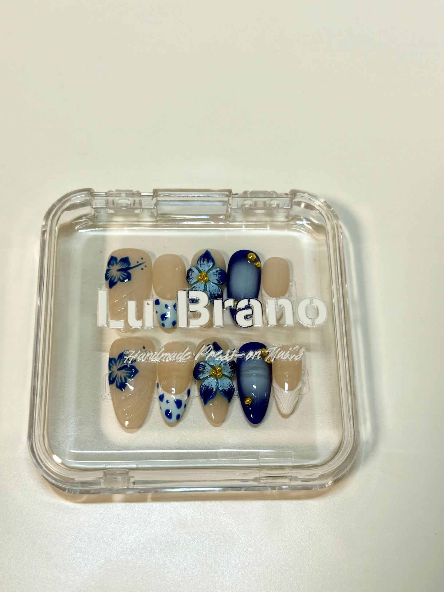 3D Blue Floral Nails | Handmade Press-On Nails | Almond Shape