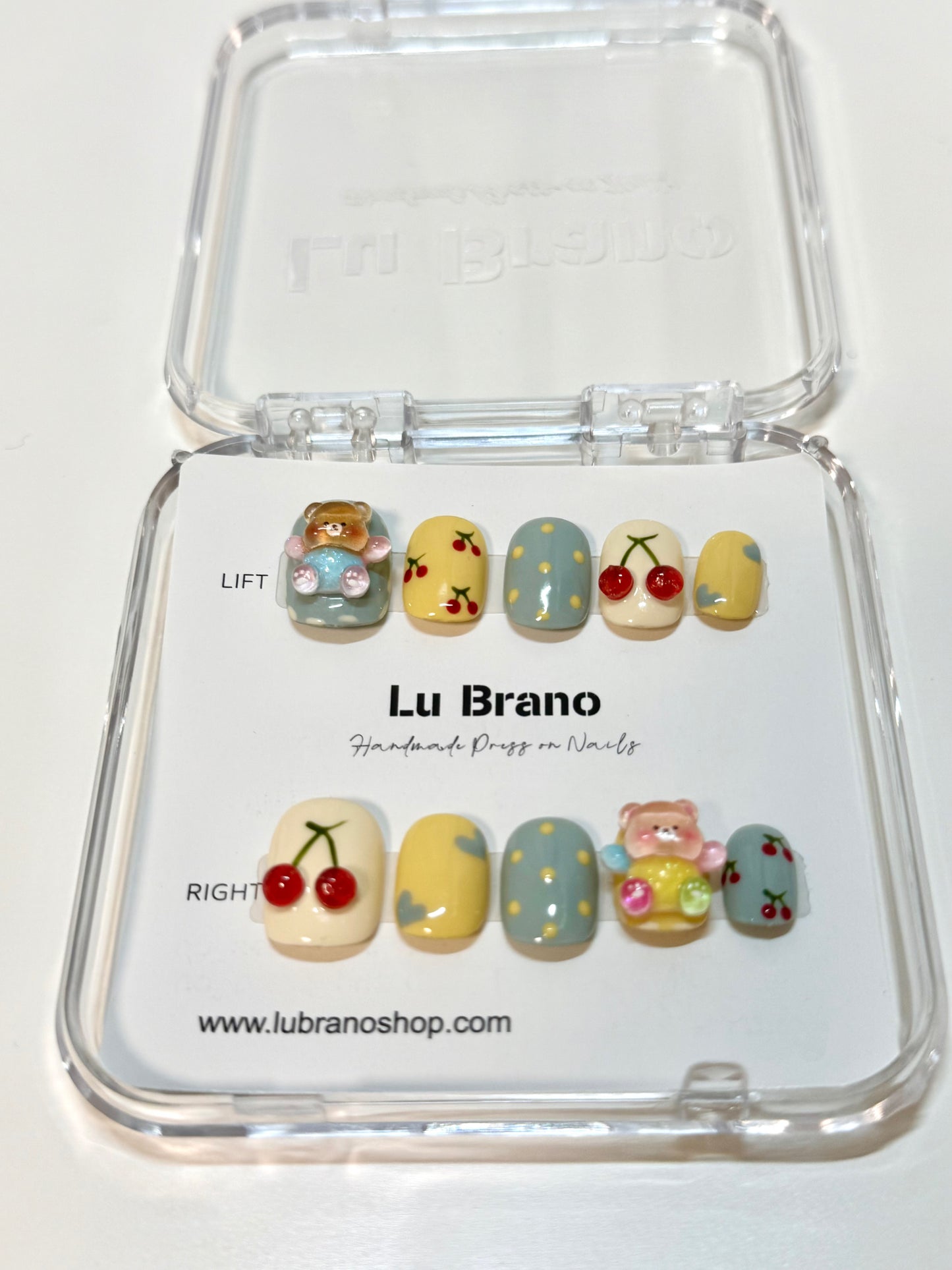 3D Butter Bear Nails | Cherry Short Nails | 3D Cherry Nails | Cute Bear Manicure | Adorable Cherry Manicure | Short Length Nails | Handmade Press-On Nails