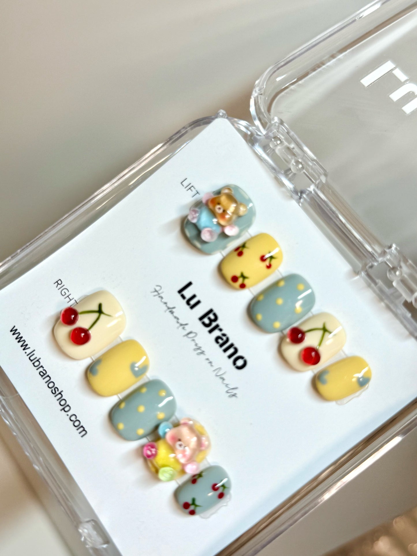 3D Butter Bear Nails | Cherry Short Nails | 3D Cherry Nails | Cute Bear Manicure | Adorable Cherry Manicure | Short Length Nails | Handmade Press-On Nails