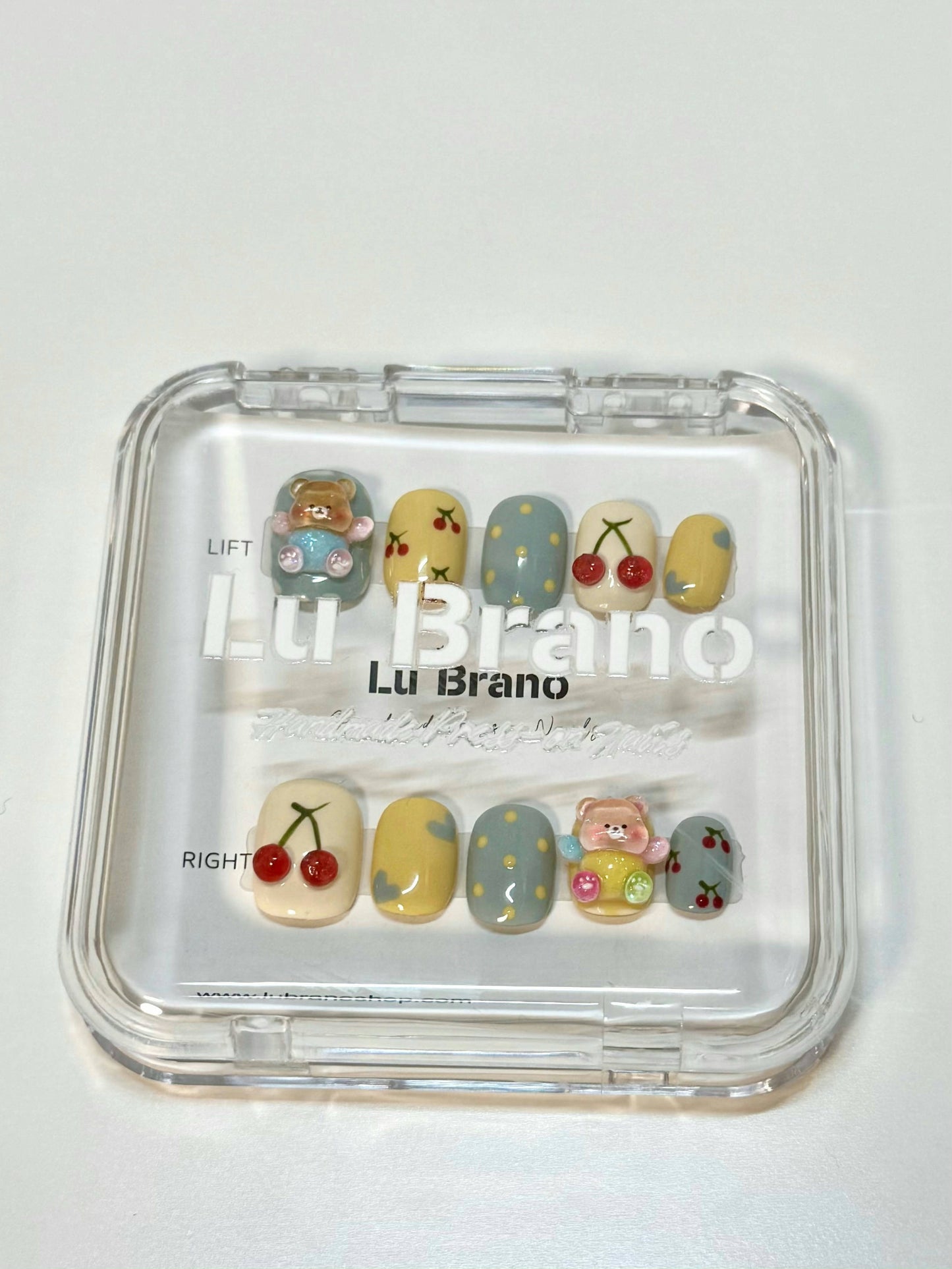 3D Butter Bear Nails | Cherry Short Nails | 3D Cherry Nails | Cute Bear Manicure | Adorable Cherry Manicure | Short Length Nails | Handmade Press-On Nails