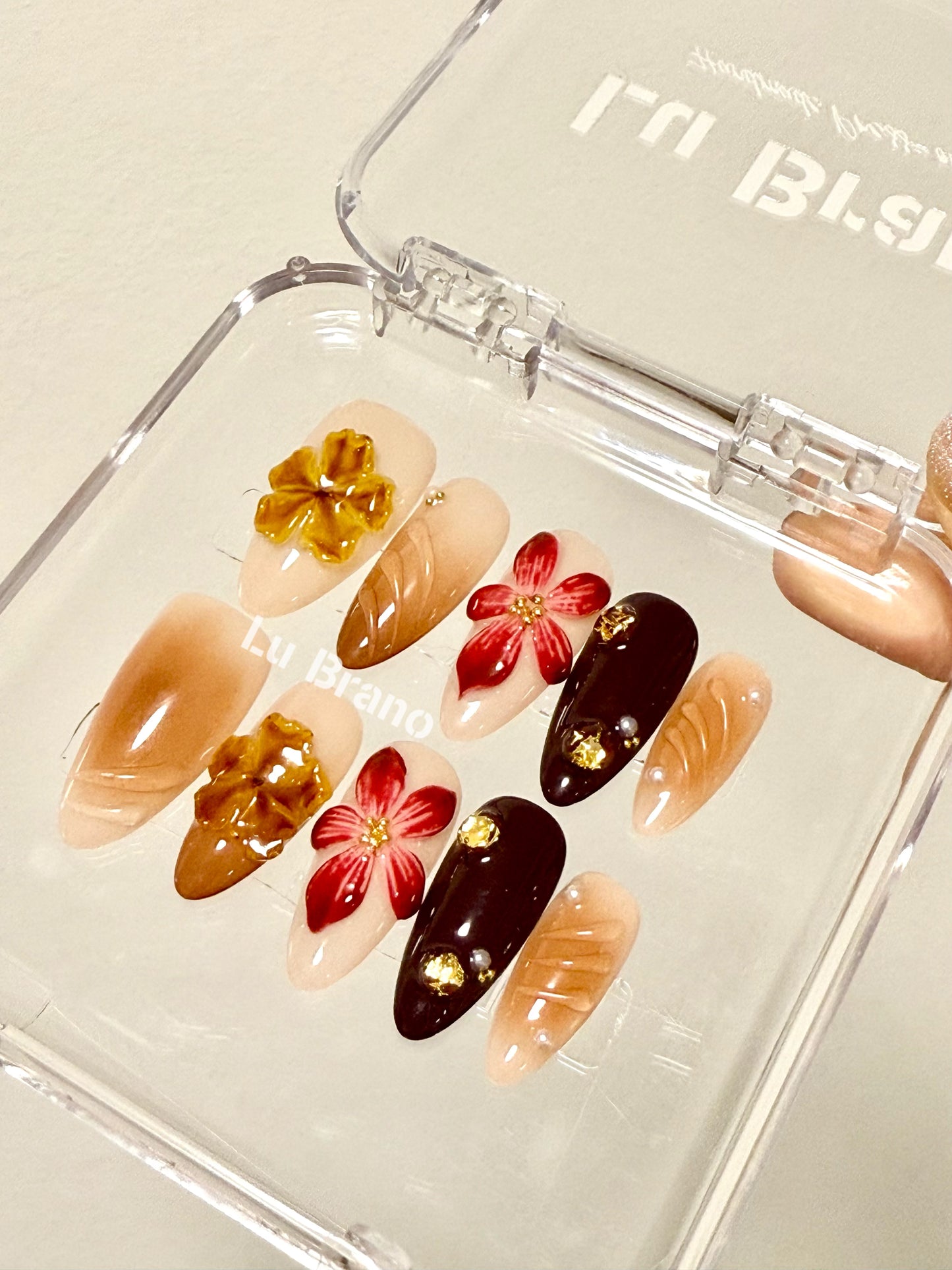 Amber Elegance | 3D Floral Design | Handmade Press-On Nails | Crystal Amber | Elegant Brown Tones | Almond Shape