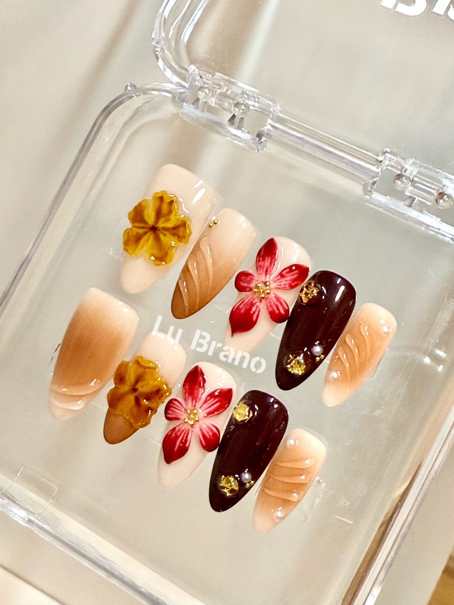Amber Elegance | 3D Floral Design | Handmade Press-On Nails | Crystal Amber | Elegant Brown Tones | Almond Shape