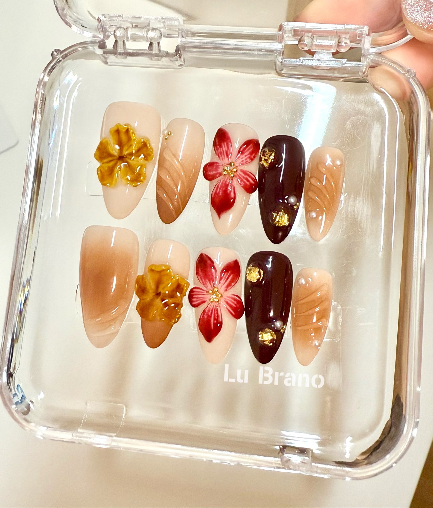 Amber Elegance | 3D Floral Design | Handmade Press-On Nails | Crystal Amber | Elegant Brown Tones | Almond Shape