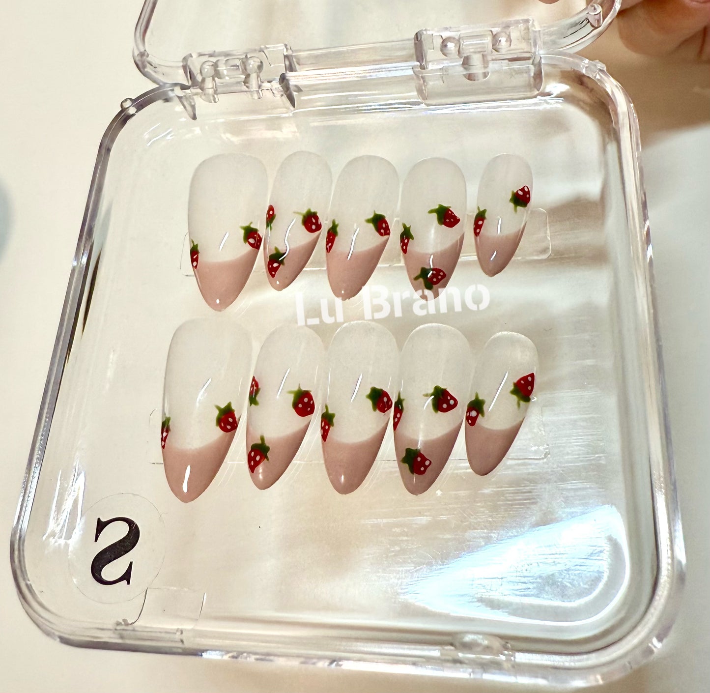 Strawberry Pink French | Pink French Tips | Strawberry French Manicure | Handmade Press-On Nails | Almond Shape