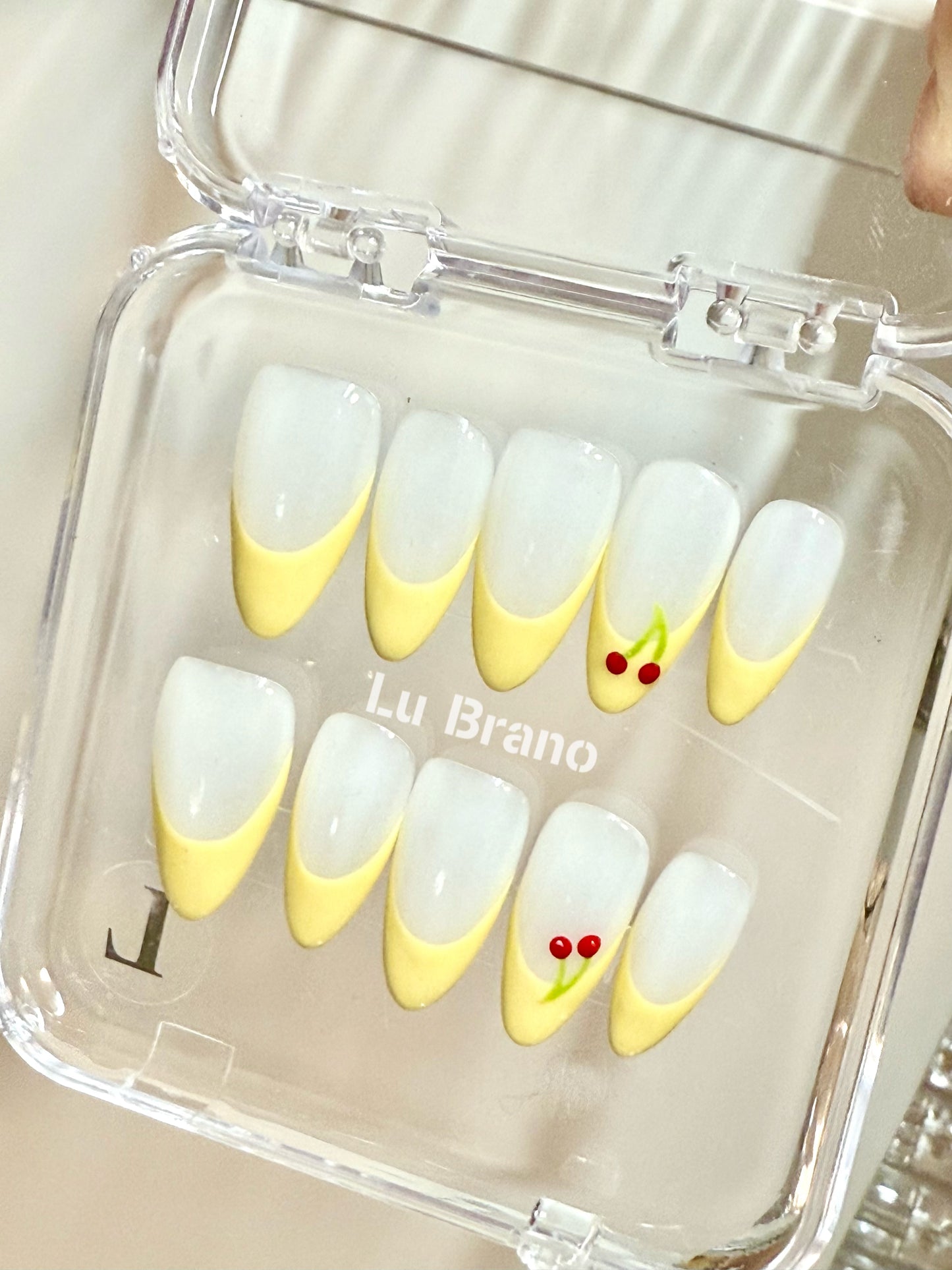 Yellow Cherry French Manicure | Hailey-Inspired Cherry French | Yellow French Tips | Handmade Press-On Nails | Almond Shape