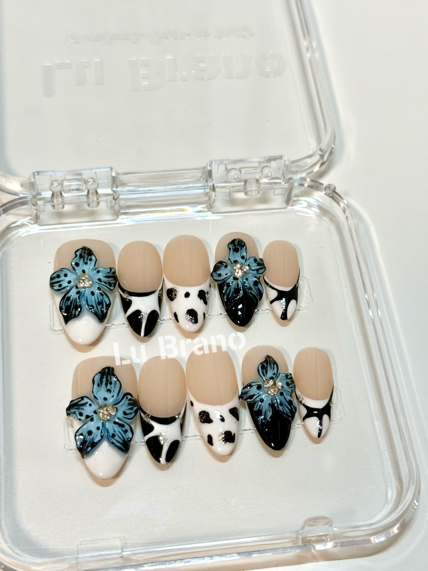 Blue Alpine Bloom | Almond Shape | Bold & Passionate | Black & White Leopard | Handmade Press-On Nails | French Style