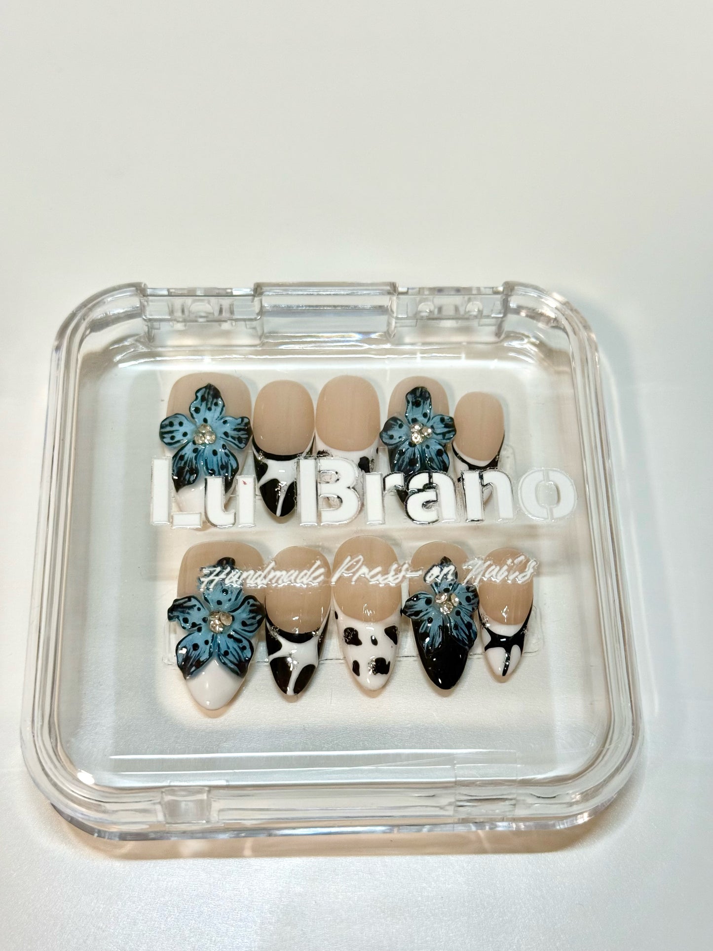 Blue Alpine Bloom | Almond Shape | Bold & Passionate | Black & White Leopard | Handmade Press-On Nails | French Style