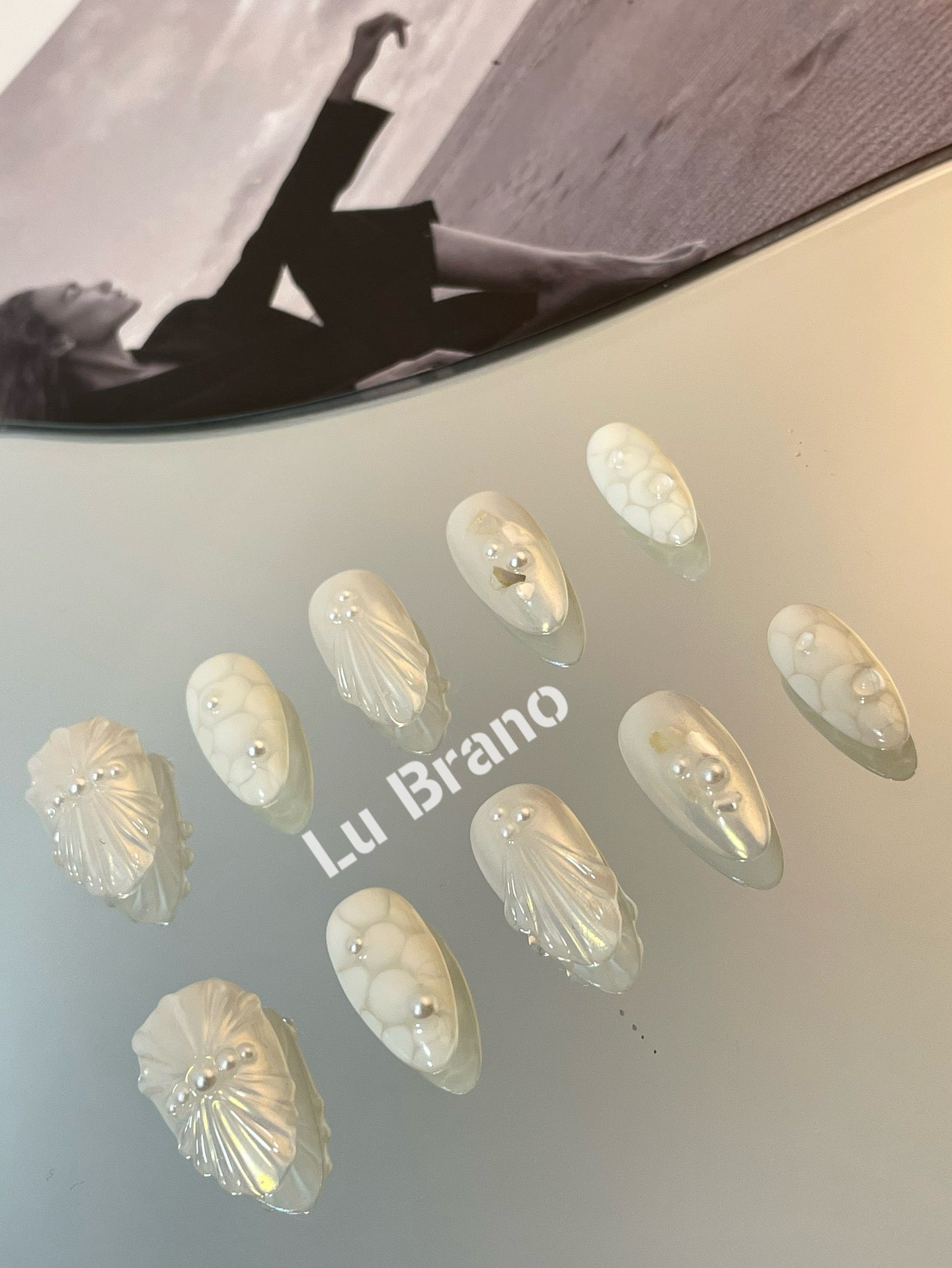 White Ocean Romance | 3D Shell Design | Pearl Shell Nails | Elegant White Tones | Almond Shape | Handmade