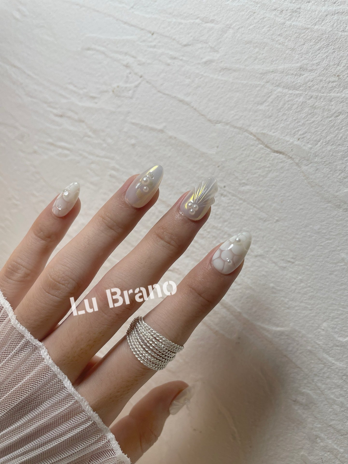 White Ocean Romance | 3D Shell Design | Pearl Shell Nails | Elegant White Tones | Almond Shape | Handmade