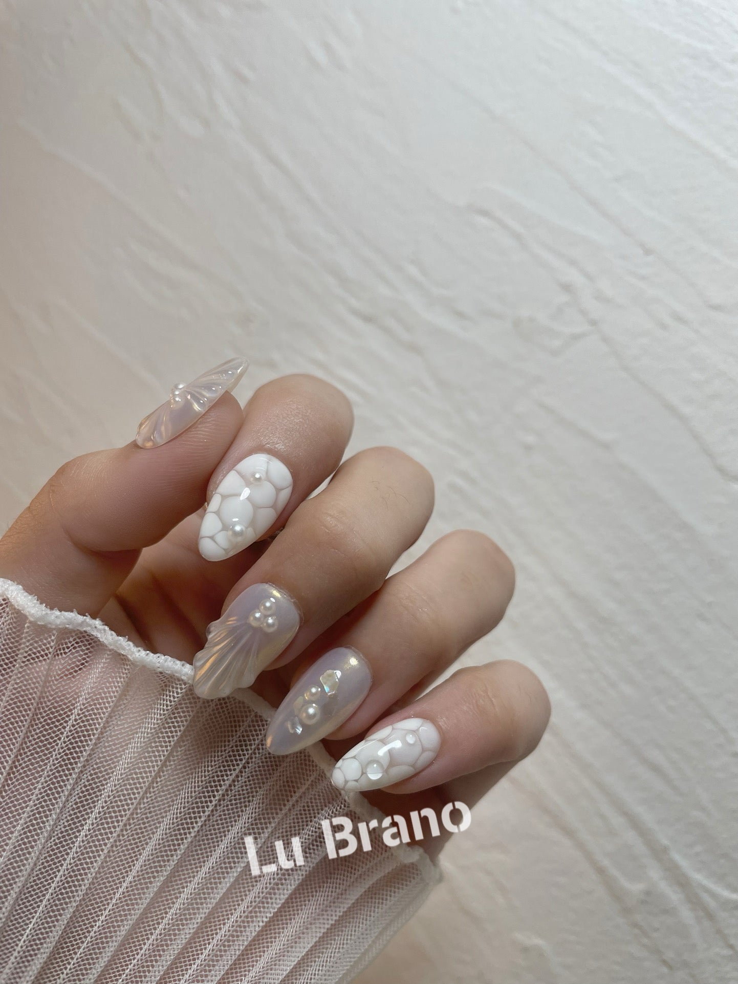White Ocean Romance | 3D Shell Design | Pearl Shell Nails | Elegant White Tones | Almond Shape | Handmade