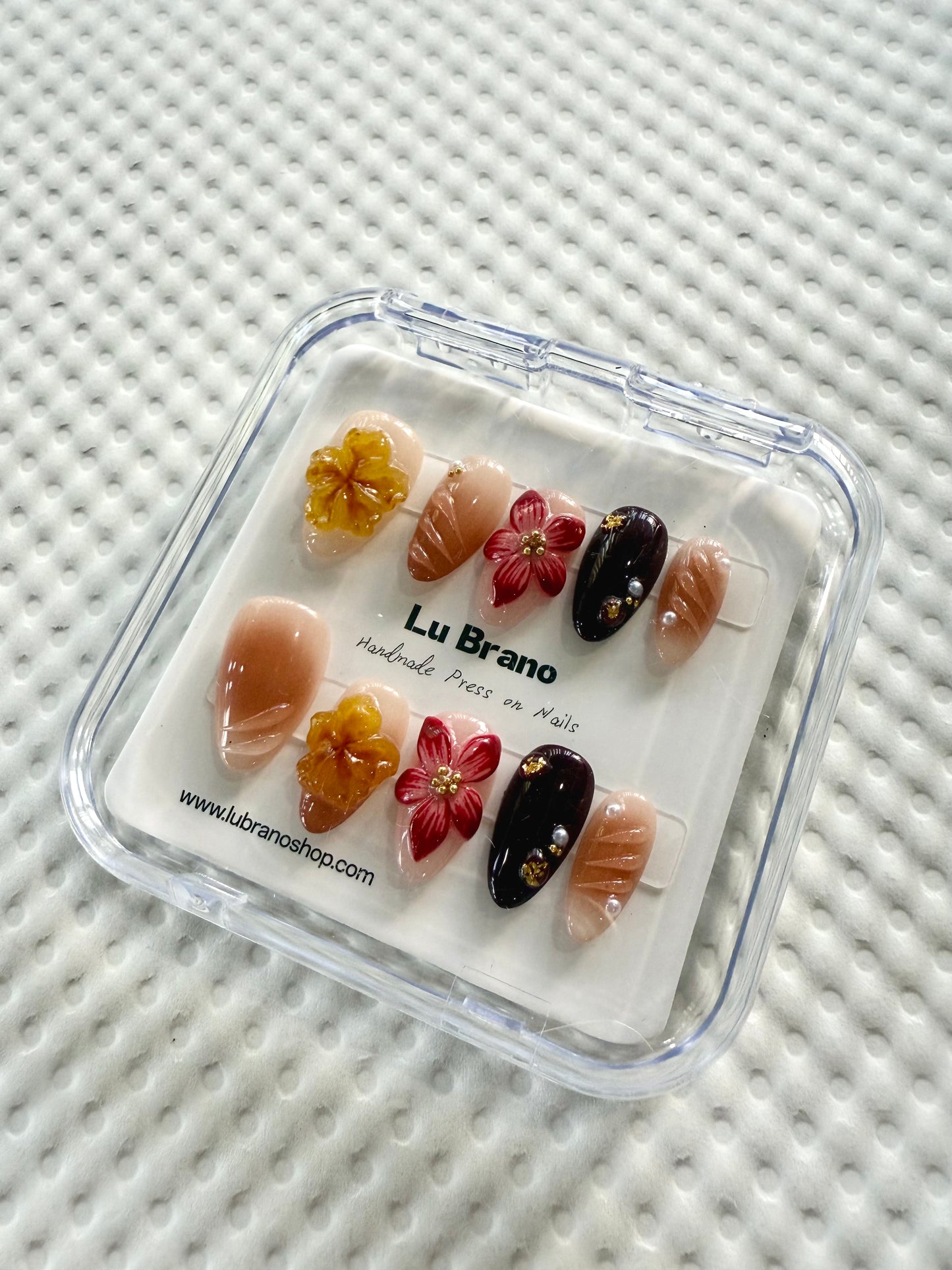 Amber Elegance | 3D Floral Design | Handmade Press-On Nails | Crystal Amber | Elegant Brown Tones | Almond Shape