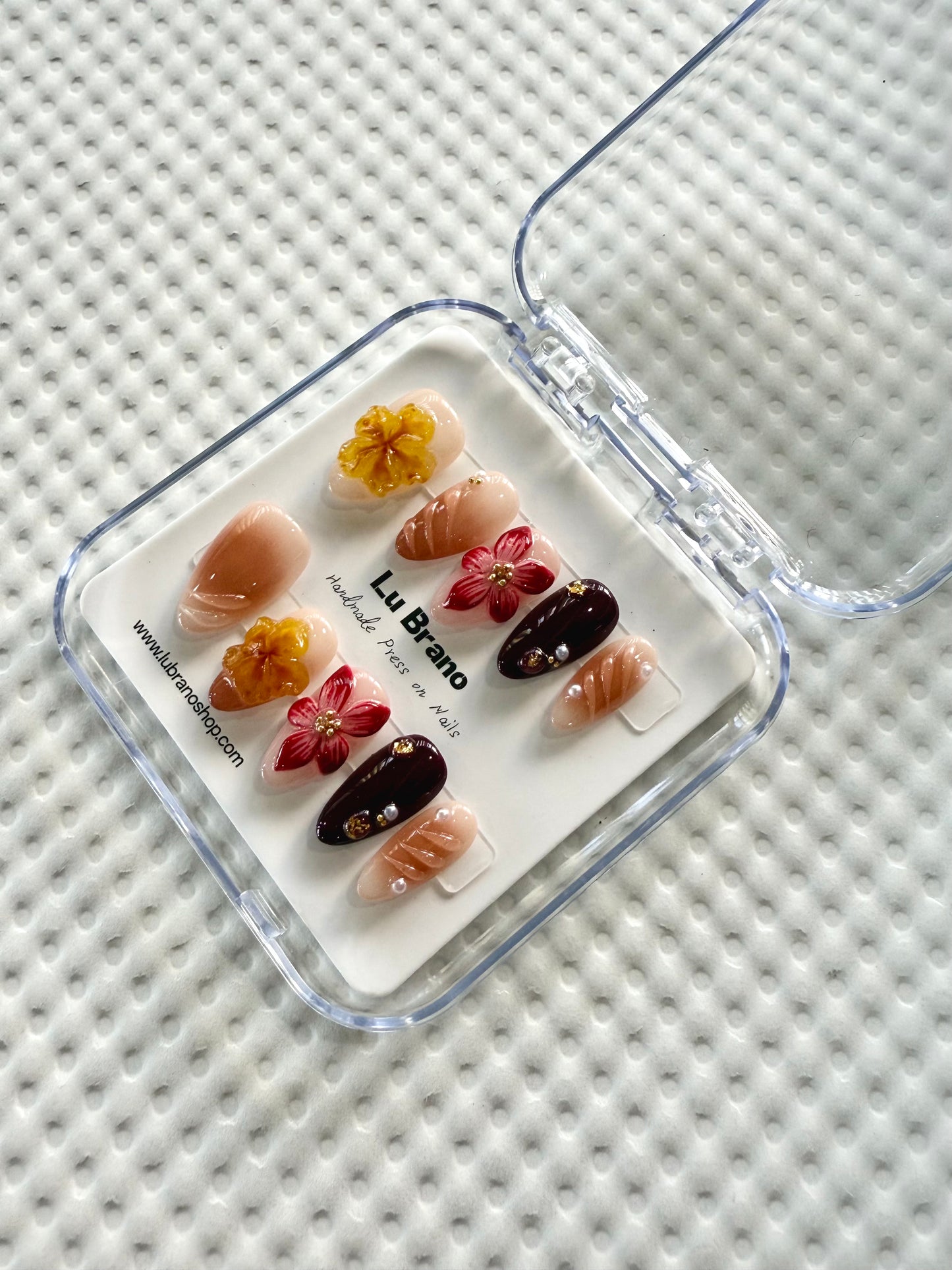 Amber Elegance | 3D Floral Design | Handmade Press-On Nails | Crystal Amber | Elegant Brown Tones | Almond Shape