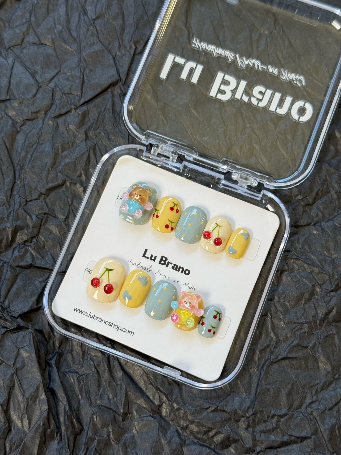 3D Butter Bear Nails | Cherry Short Nails | 3D Cherry Nails | Cute Bear Manicure | Adorable Cherry Manicure | Short Length Nails | Handmade Press-On Nails