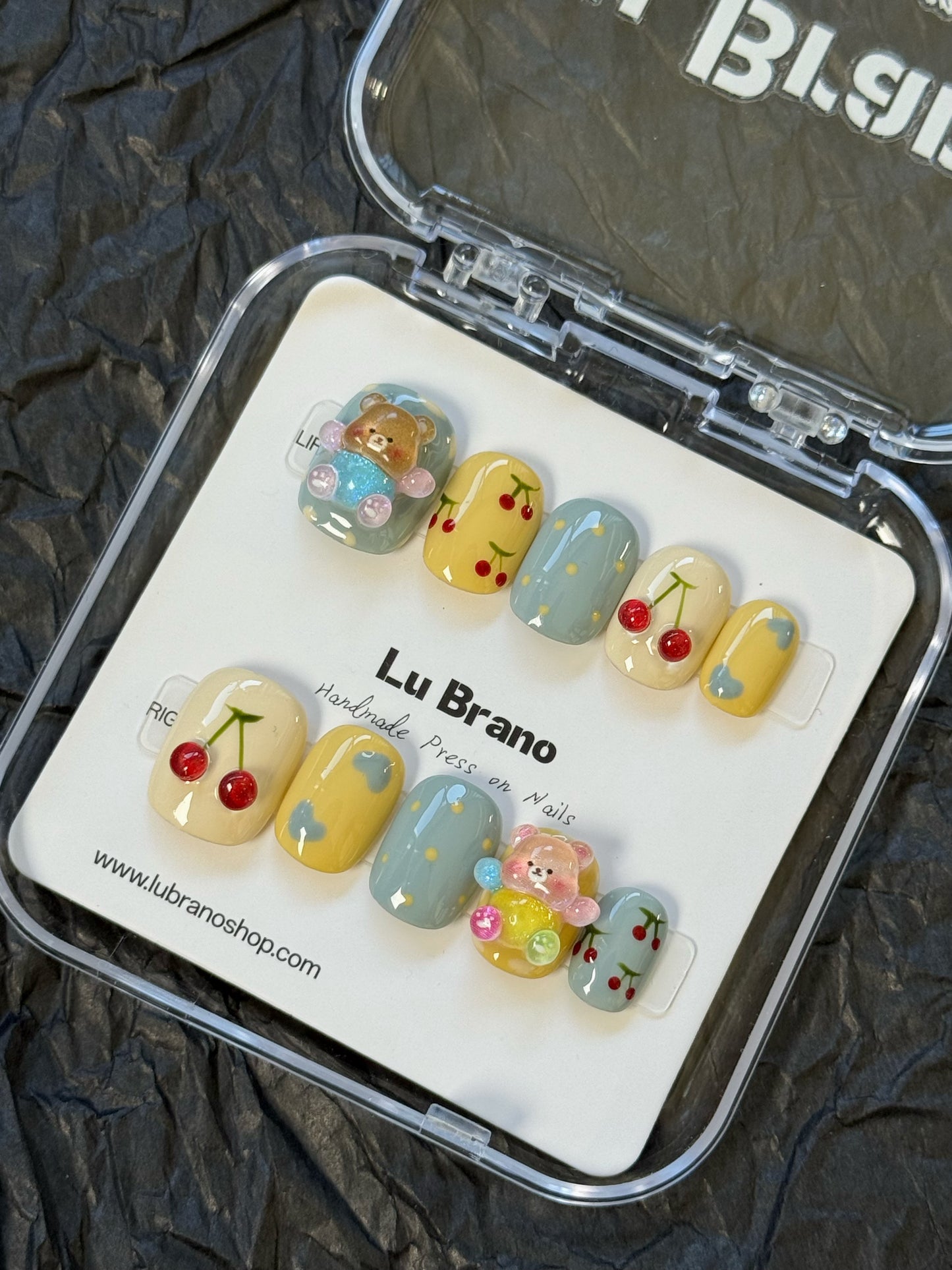 3D Butter Bear Nails | Cherry Short Nails | 3D Cherry Nails | Cute Bear Manicure | Adorable Cherry Manicure | Short Length Nails | Handmade Press-On Nails