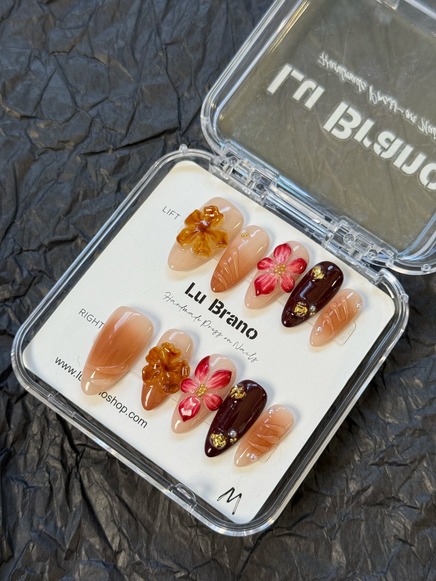 Amber Elegance | 3D Floral Design | Handmade Press-On Nails | Crystal Amber | Elegant Brown Tones | Almond Shape