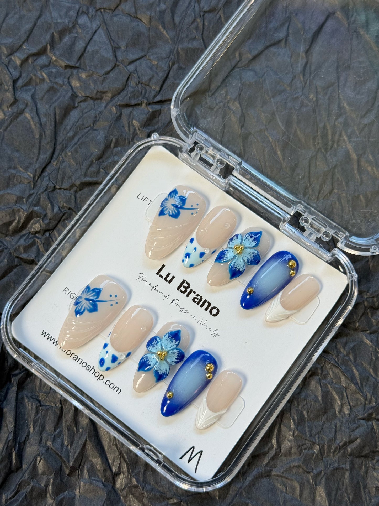 3D Blue Floral Nails | Handmade Press-On Nails | Almond Shape