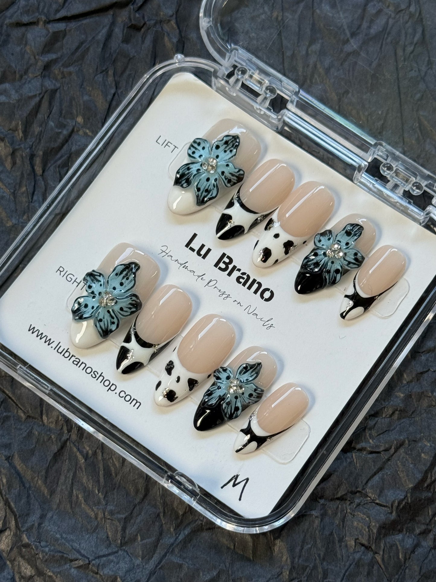 Blue Alpine Bloom | Almond Shape | Bold & Passionate | Black & White Leopard | Handmade Press-On Nails | French Style