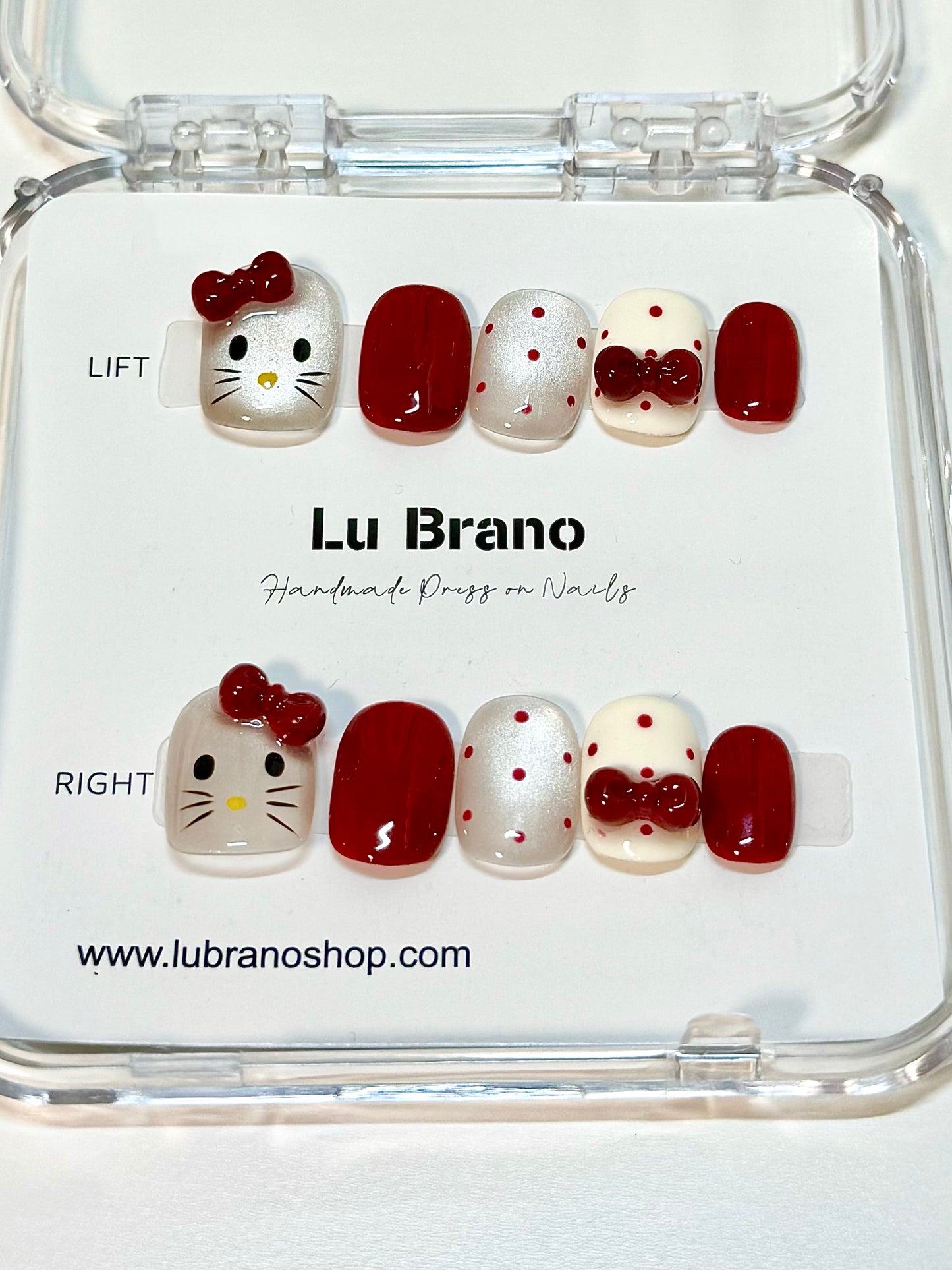 Short Red Cat Eye 3D Hello Kitty Nails | Red Bow Nails | Hello Kitty Manicure | Cat Eye Nails | Handmade Press-On Nails