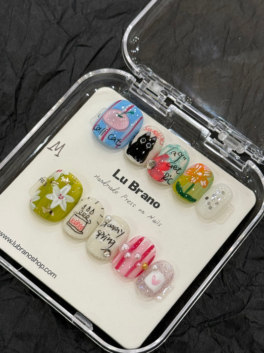 Spring Tale | Hand-Painted Designs | Short Squoval Shape | Niche Aesthetic | Work-Friendly | Versatile | Cute & Playful | Premium Press-On Nails | Artisan Craft