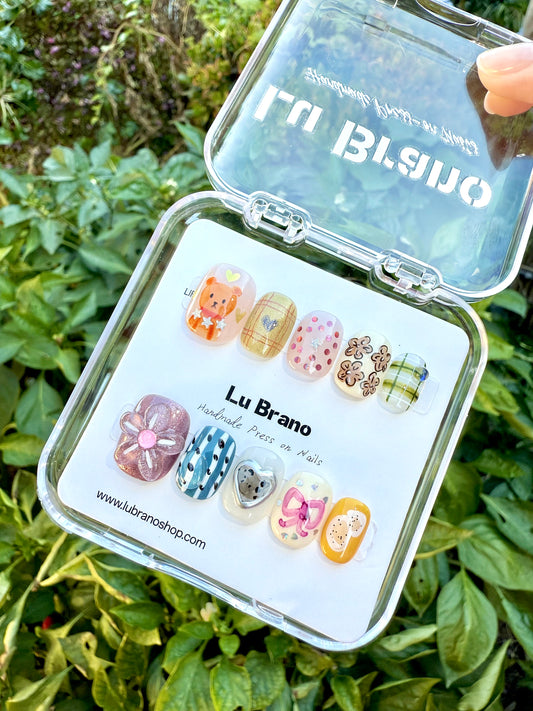 Playful Whimsy | Hand-Painted Designs | Short Squoval Shape | Niche Style | Office-Friendly | Versatile & Cute | Teddy Bear Nail Art | 3D Floral Accents | Premium Press-On Nails | Handmade Craft