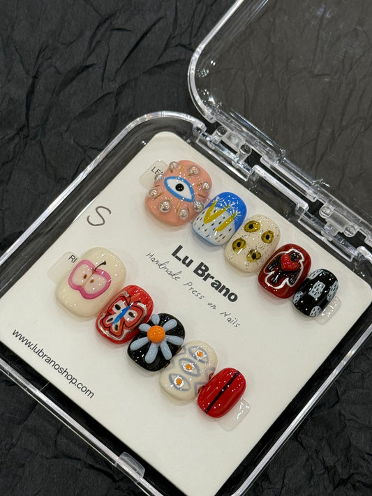 Abstract Muse | Hand-Painted Designs | Short Squoval Shape | Niche Aesthetic | Work-Friendly | Versatile & Cute | Evil Eye Nails | Heart & Apple Motifs | Butterfly & 3D Florals | Premium Press-On Nails | Handmade Artistry