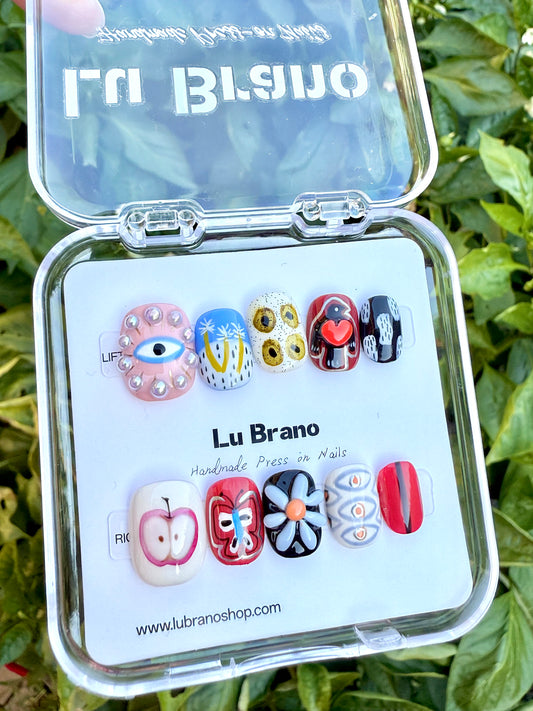 Abstract Muse | Hand-Painted Designs | Short Squoval Shape | Niche Aesthetic | Work-Friendly | Versatile & Cute | Evil Eye Nails | Heart & Apple Motifs | Butterfly & 3D Florals | Premium Press-On Nails | Handmade Artistry