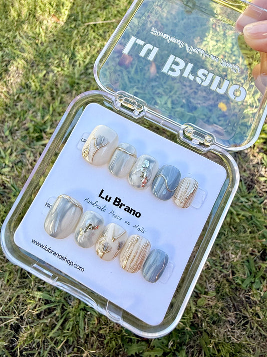 Azure Bloom | Hand-Painted Designs | Short Squoval Shape | Baby Blue Hue | Gentle & Niche Style | Work-Friendly | Versatile & Cute | Autumn/Winter Edition | Metallic Gold Accents | Chinese & Japanese Aesthetics | Premium Press-On Nails | Handmade Craft