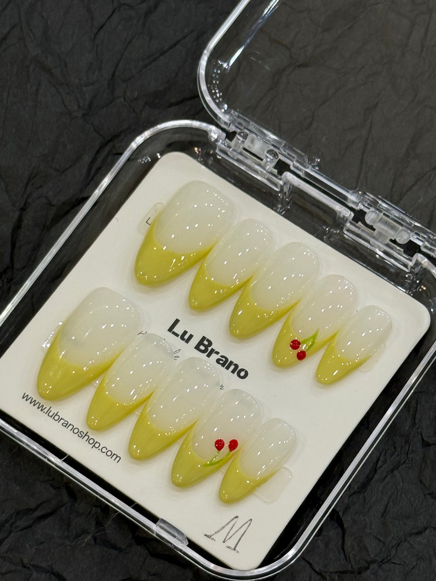 Yellow Cherry French Manicure | Hailey-Inspired Cherry French | Yellow French Tips | Handmade Press-On Nails | Almond Shape