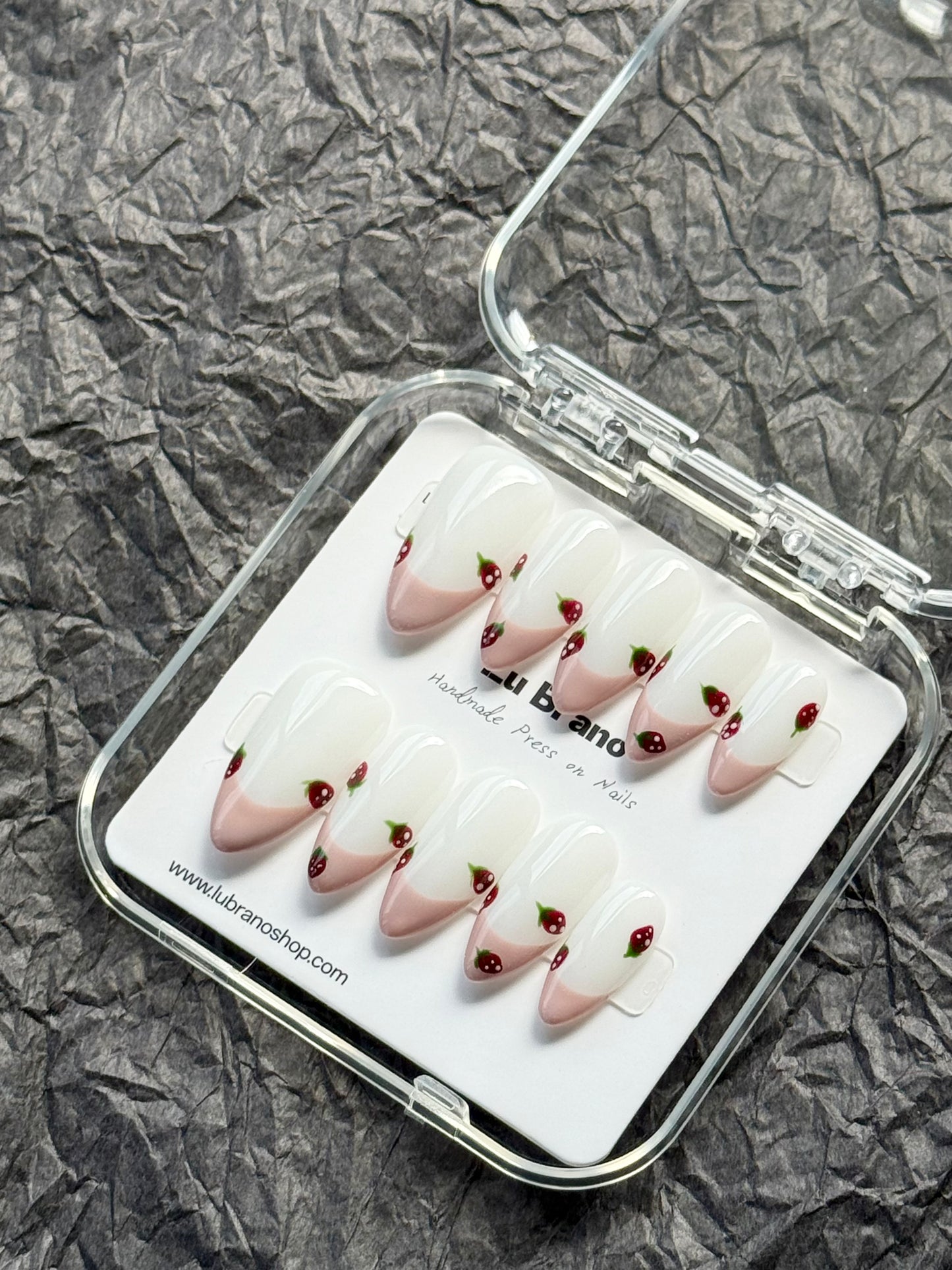 Strawberry Pink French | Pink French Tips | Strawberry French Manicure | Handmade Press-On Nails | Almond Shape