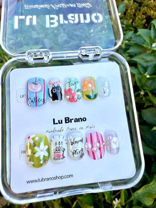 Spring Tale | Hand-Painted Designs | Short Squoval Shape | Niche Aesthetic | Work-Friendly | Versatile | Cute & Playful | Premium Press-On Nails | Artisan Craft
