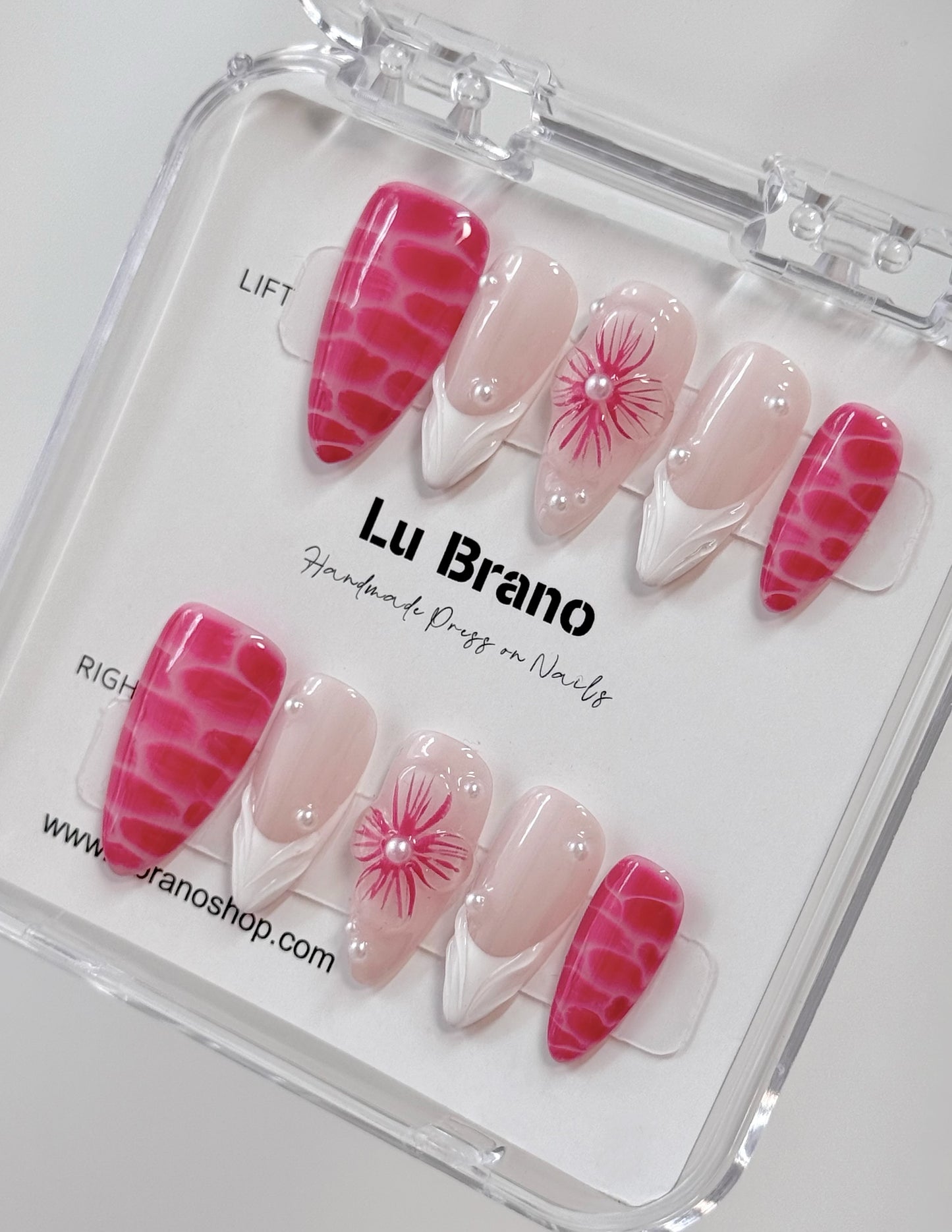 Rose pink 3D flowers adorned with pearls｜ handmade nails ｜ almond nails |press on nails