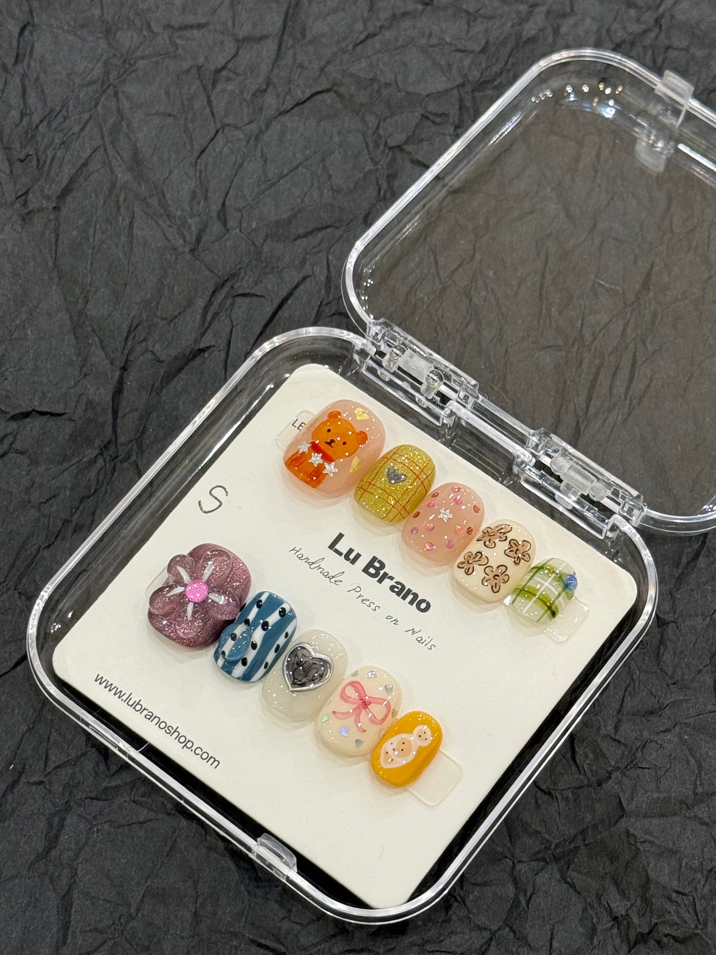 Playful Whimsy | Hand-Painted Designs | Short Squoval Shape | Niche Style | Office-Friendly | Versatile & Cute | Teddy Bear Nail Art | 3D Floral Accents | Premium Press-On Nails | Handmade Craft