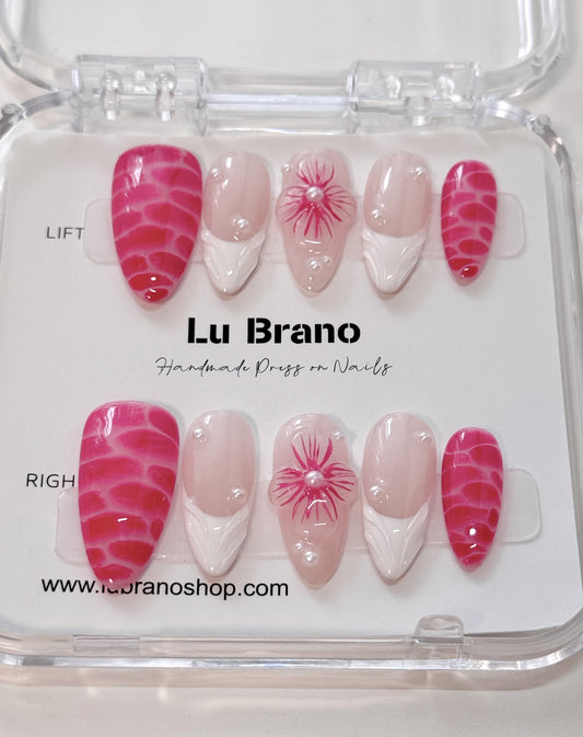 Rose pink 3D flowers adorned with pearls｜ handmade nails ｜ almond nails |press on nails