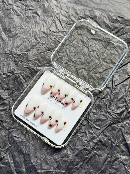 Strawberry Pink French | Pink French Tips | Strawberry French Manicure | Handmade Press-On Nails | Almond Shape