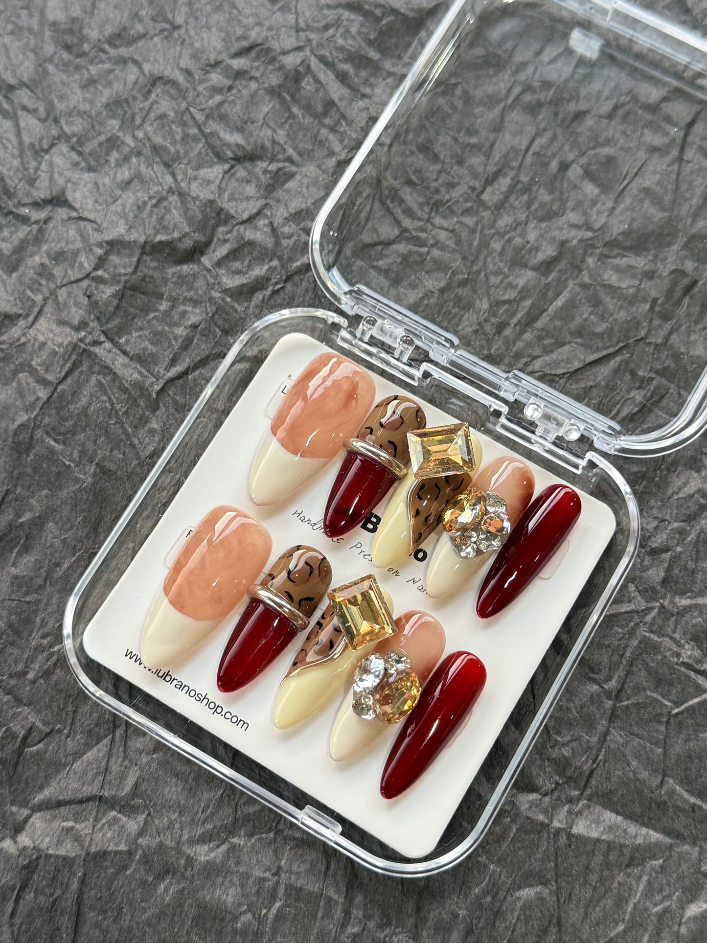 Red Vintage Leopard Nails | Glamorous Red Rhinestone Nails | Long Almond Shape | Handmade Press-On Nails