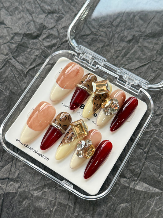 Red Vintage Leopard Nails | Glamorous Red Rhinestone Nails | Long Almond Shape | Handmade Press-On Nails