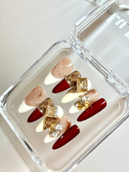 Red Vintage Leopard Nails | Glamorous Red Rhinestone Nails | Long Almond Shape | Handmade Press-On Nails