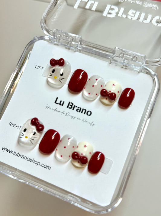 Short Red Cat Eye 3D Hello Kitty Nails | Red Bow Nails | Hello Kitty Manicure | Cat Eye Nails | Handmade Press-On Nails