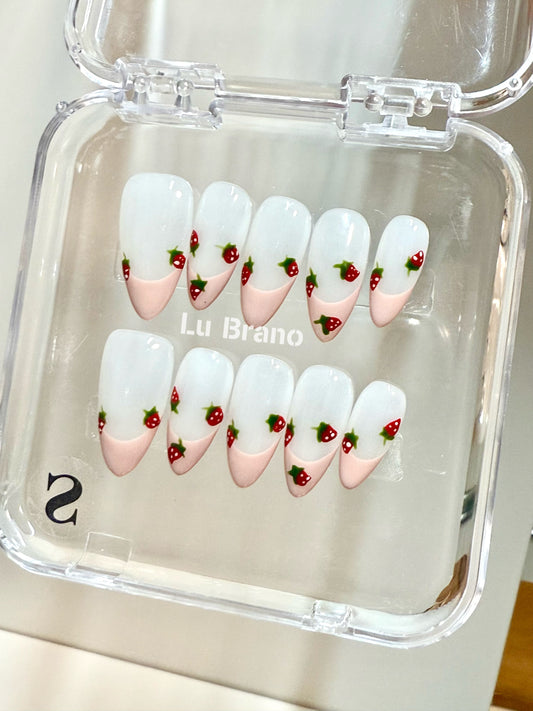 Strawberry Pink French | Pink French Tips | Strawberry French Manicure | Handmade Press-On Nails | Almond Shape