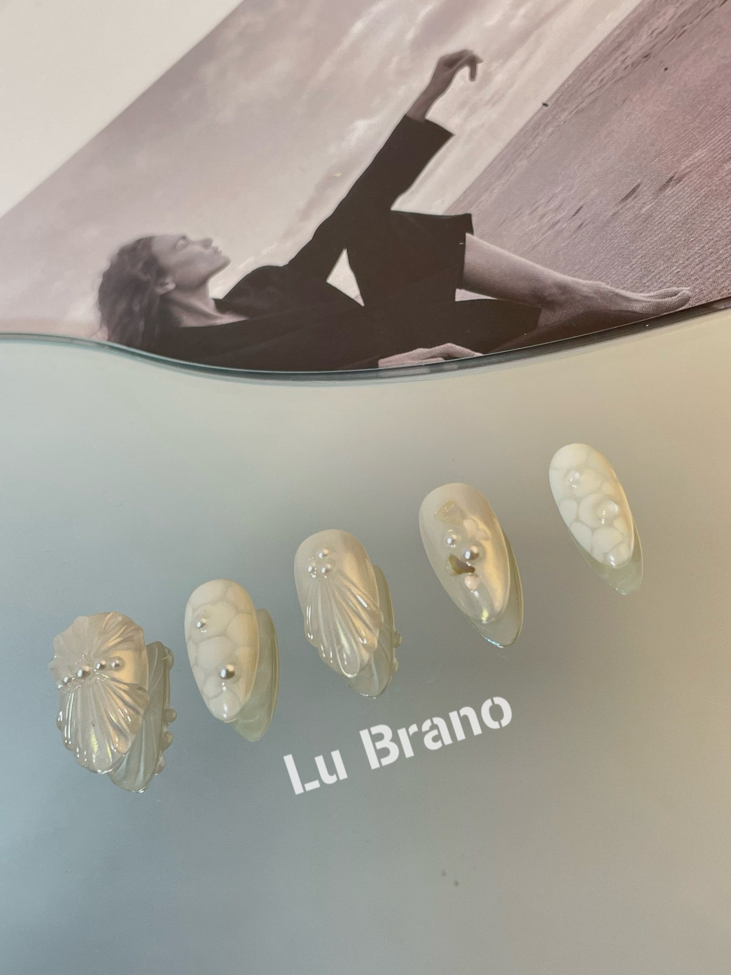 White Ocean Romance | 3D Shell Design | Pearl Shell Nails | Elegant White Tones | Almond Shape | Handmade