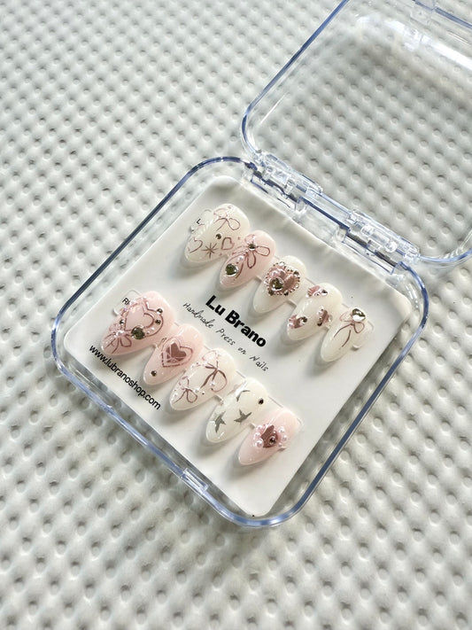 Insta-Fave Heart Bow Nails｜Adorbs Colorway｜Aurora Pink Glow｜Salon-Grade｜Short Almond｜Premium Quality