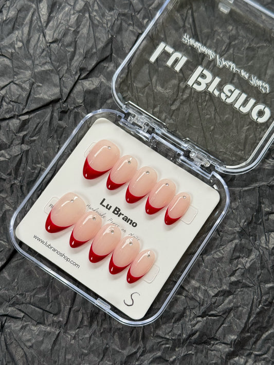 Rhinestone Red French｜Almond Nails｜Burgundy Red｜French Style｜Elegance & Beauty
