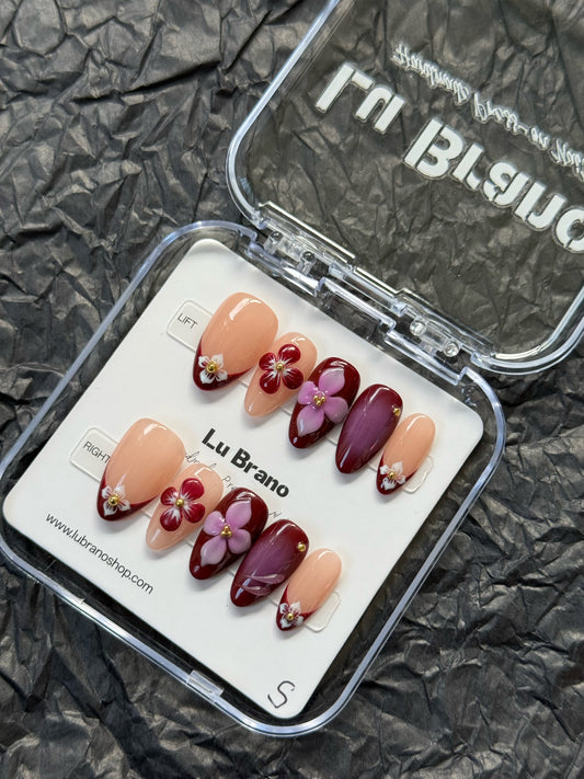 Wine Red Vintage-Style Nails｜Almond Shape｜Handmade｜3D Floral Design