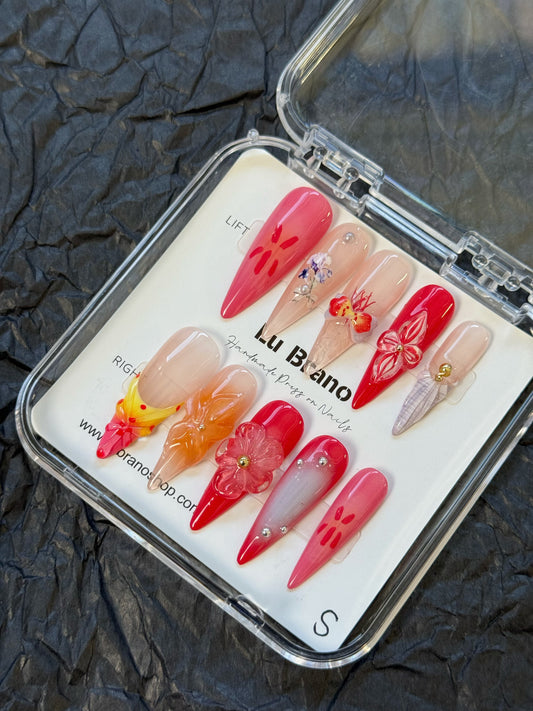 Passion Bloom Floral Nails｜Long Stiletto Shape｜Handmade High-Quality Nails